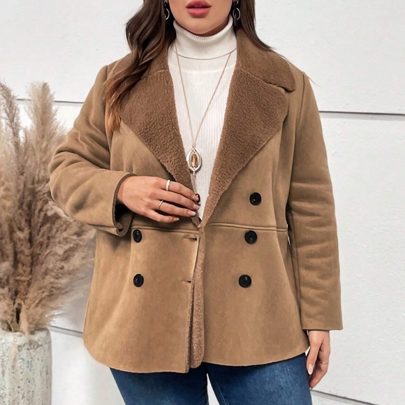 Plus Brown Khaki Teddy Lined button Jacket Coat - Picture 2 of 4